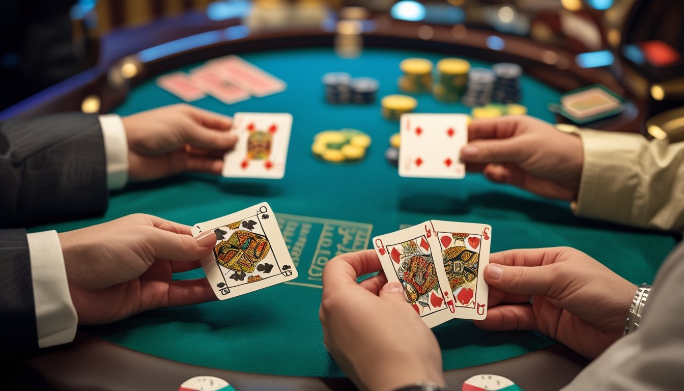 Suasana meja kasino dengan kartu poker dan kartu Crazy Pineapple yang sedang dimainkan oleh dealer dan pemain.