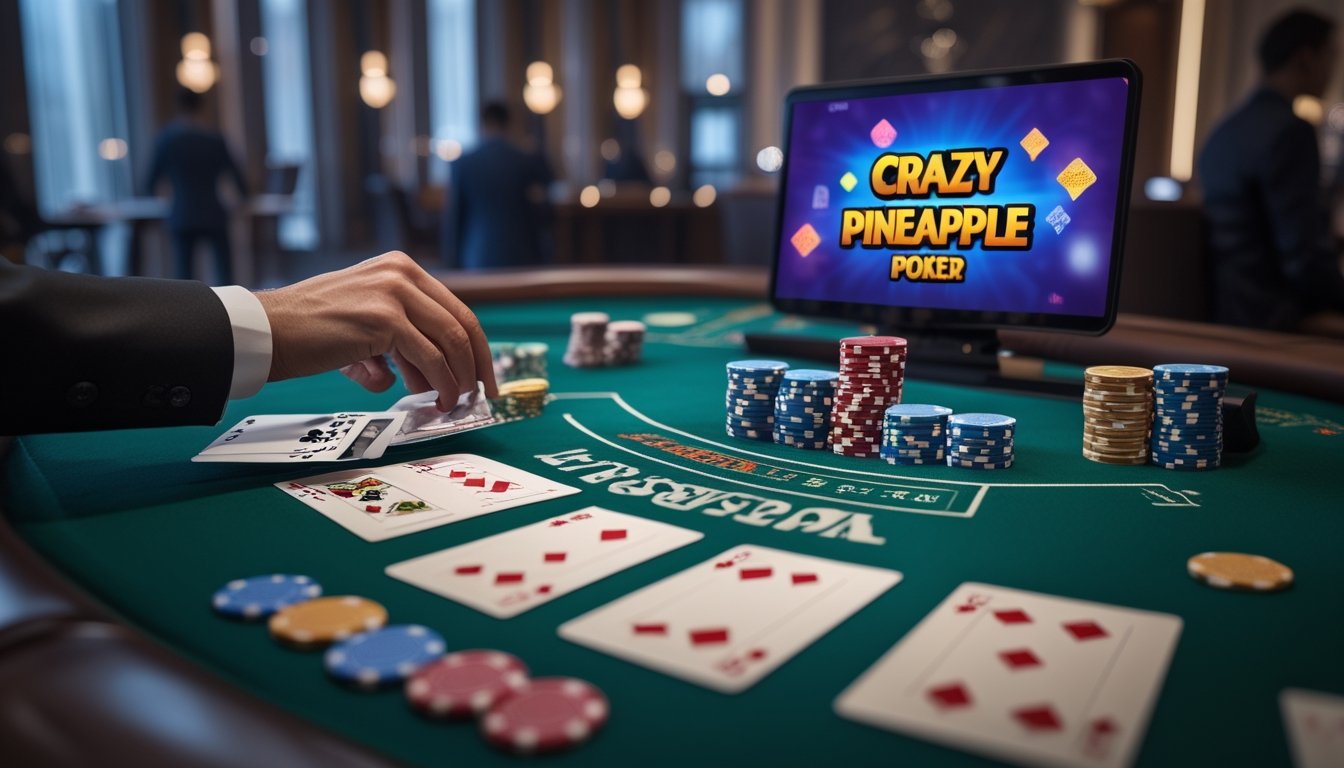 Meja poker hijau dengan kartu dan chip poker, layar digital menampilkan grafik permainan Crazy Pineapple, suasana kasino modern dengan pencahayaan lembut dan pemain di latar belakang.