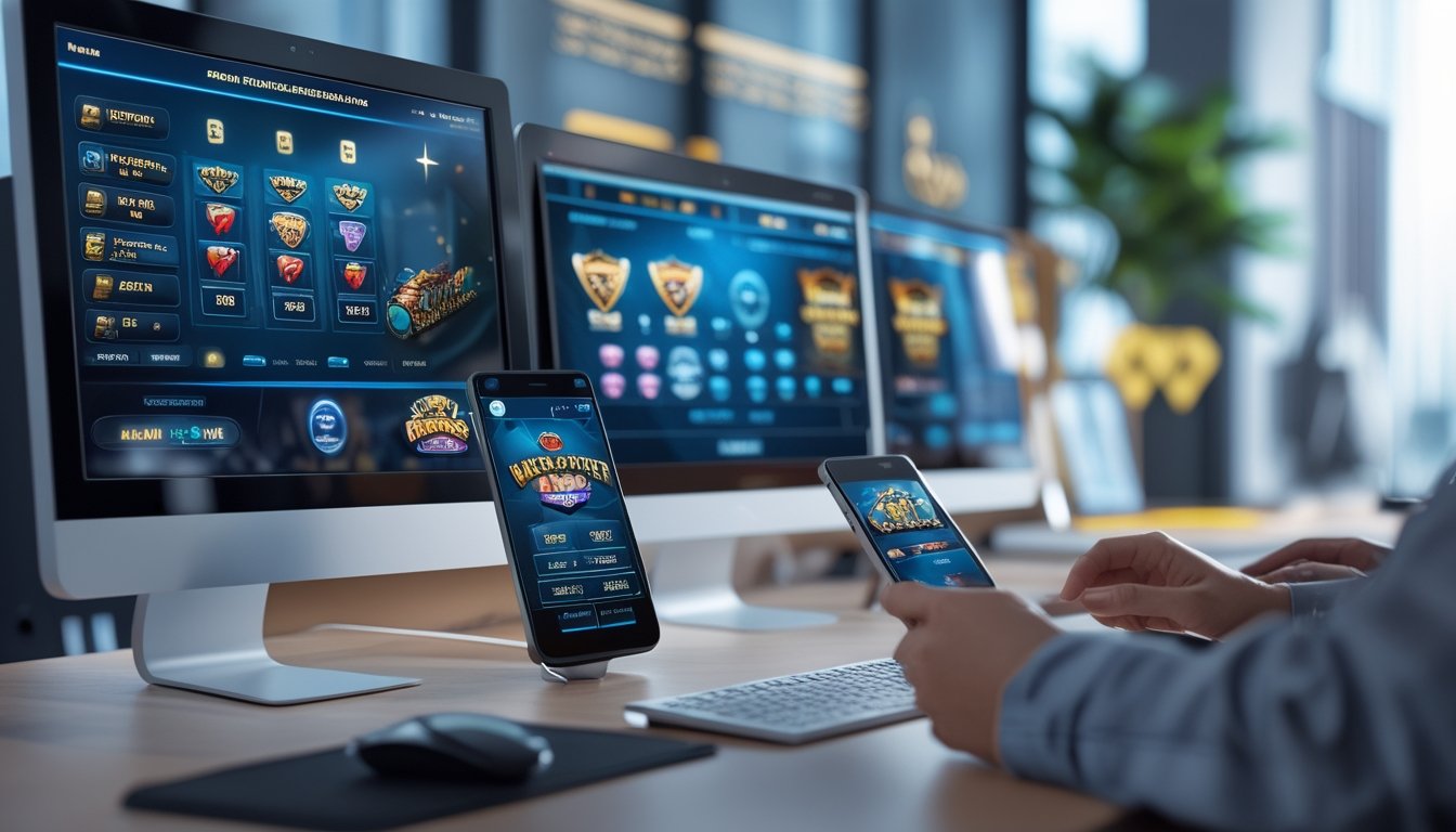 Orang-orang sedang bermain permainan kasino online dengan perangkat digital di lingkungan yang modern dan aman.