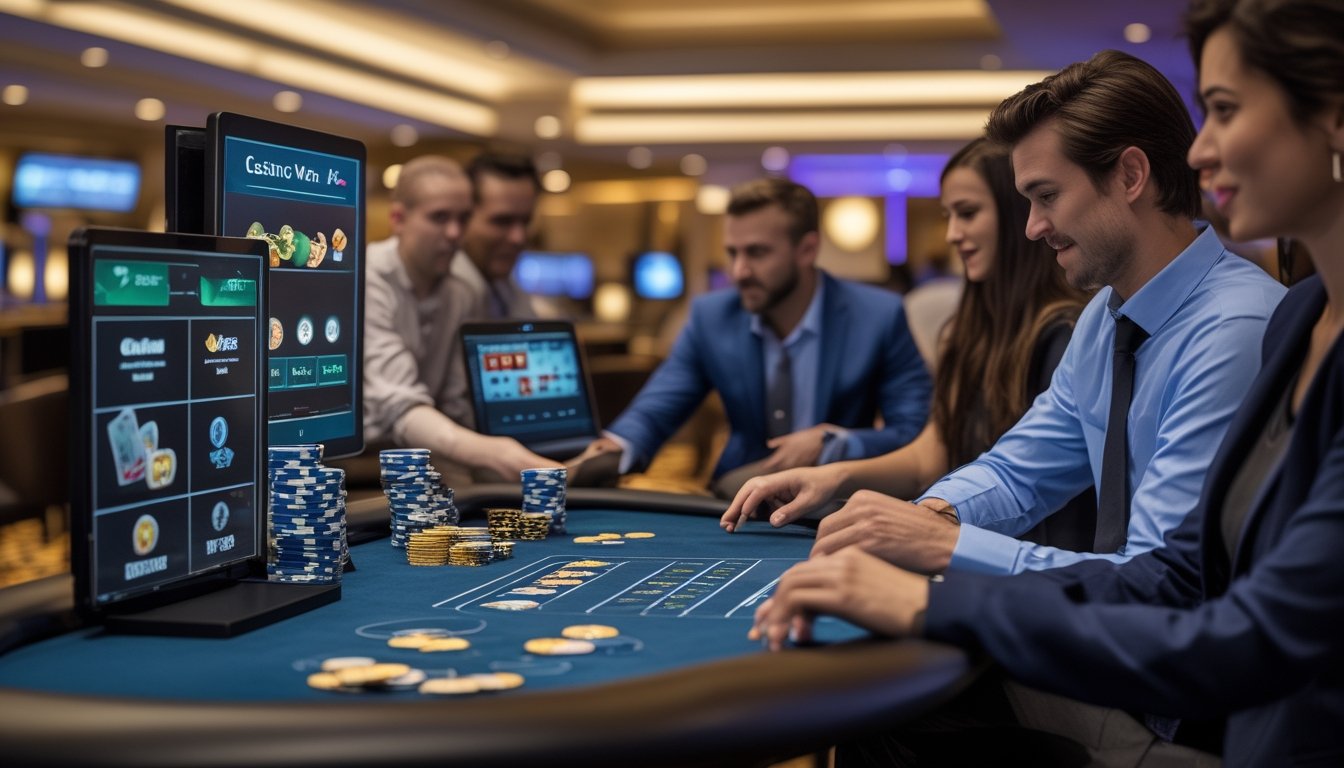 Beberapa orang dewasa bermain kartu dan mengelola taruhan di meja kasino modern dengan layar digital dan suasana kasino yang elegan.