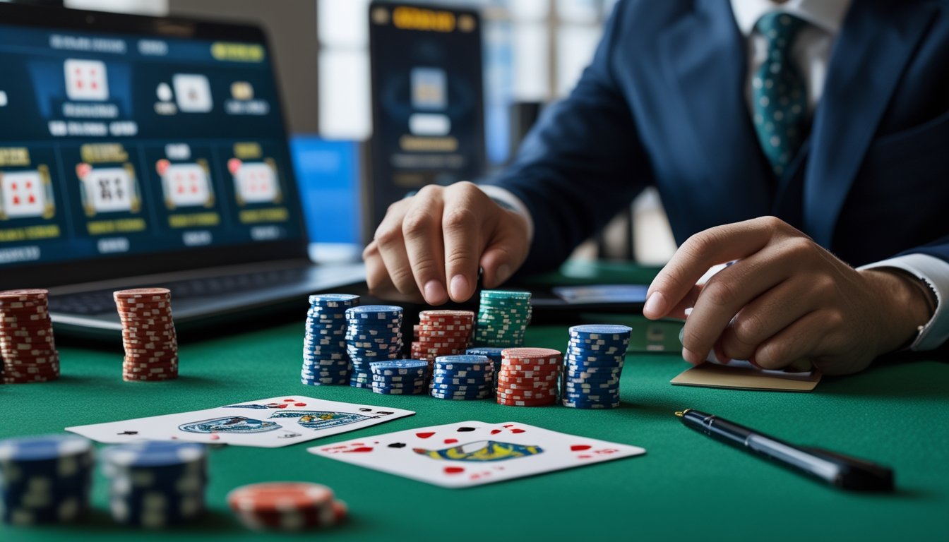 Seorang pemain kasino yang berpakaian rapi sedang mengatur chip poker dan kartu di meja hijau dengan layar digital menunjukkan permainan kasino online.