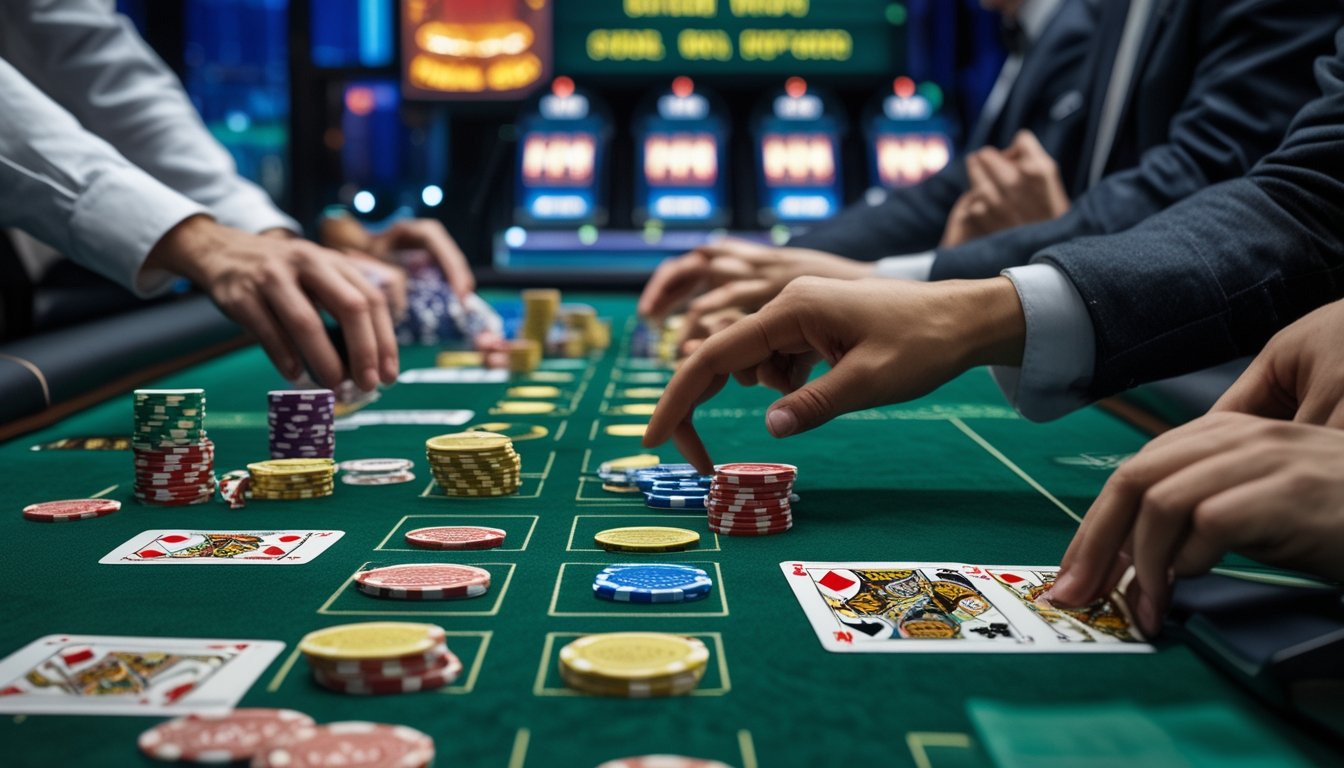 Meja kasino dengan kartu remi dan chip poker, menampilkan permainan Casino War Poker dan Crazy Pineapple dengan suasana permainan yang adil dan transparan.