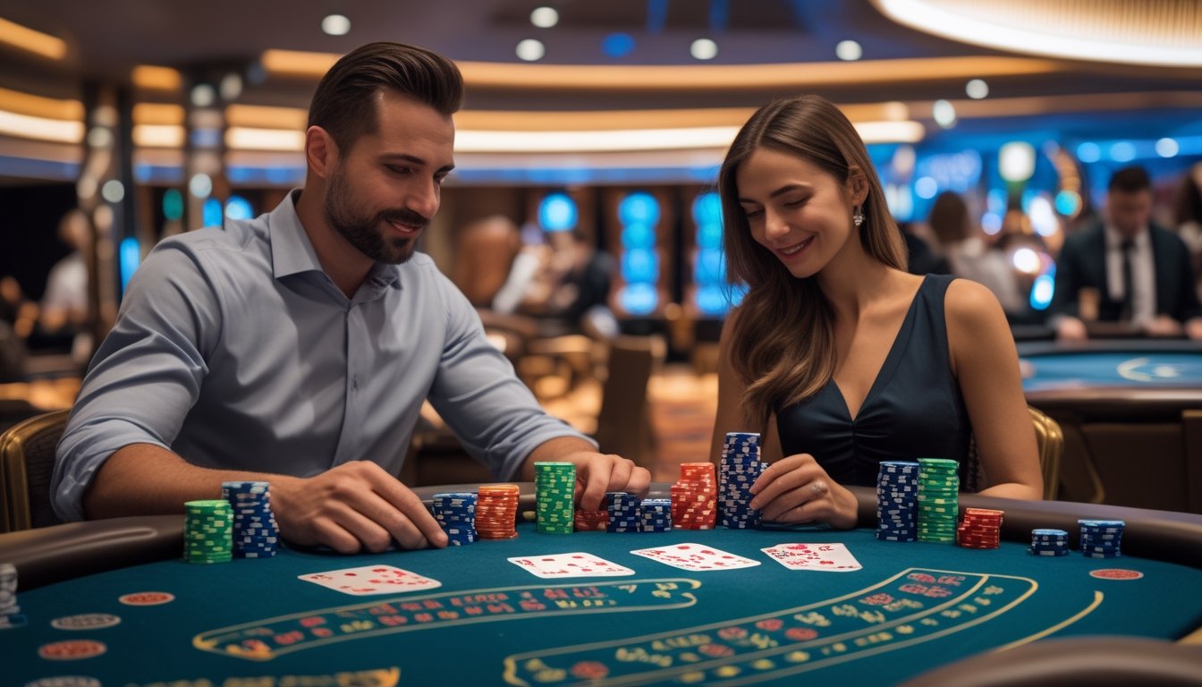 Dua pemain sedang bermain kartu Casino War Poker dan Crazy Pineapple di meja kasino dengan kartu dan chip poker tertata rapi.