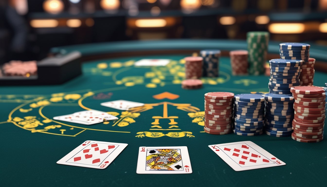Meja poker dengan kartu dan tumpukan chip yang rapi di kasino.