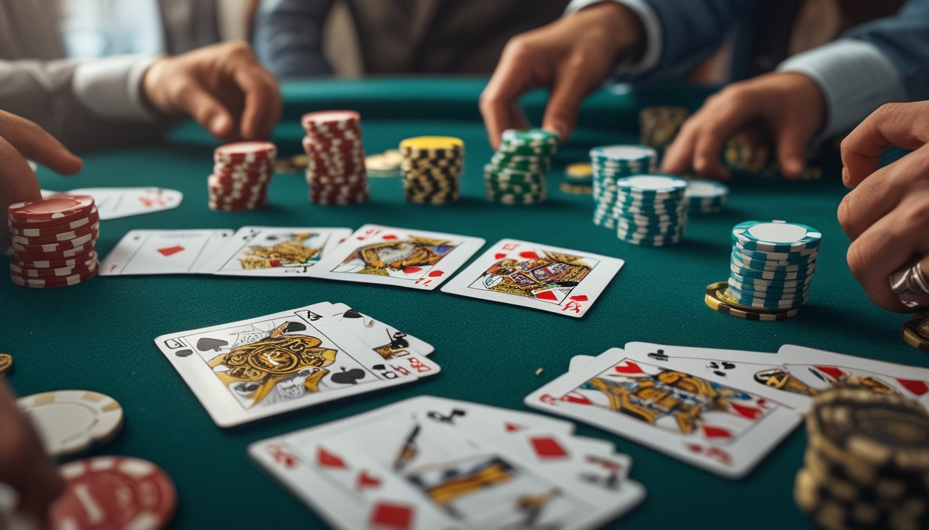 Meja poker dengan kartu dan chip yang tersusun rapi, tangan pemain sedang bermain kartu.