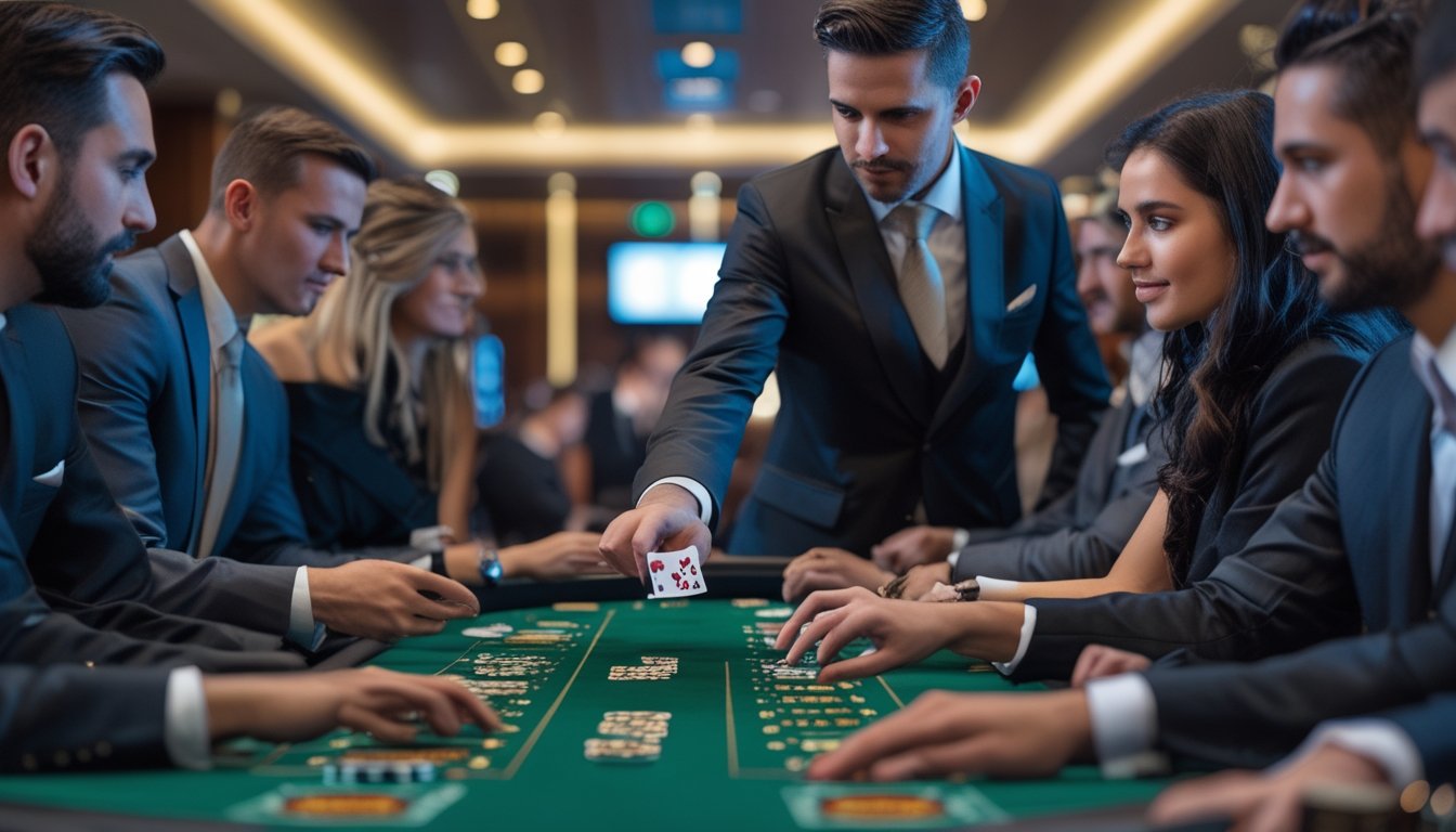 Meja kasino dengan dealer dan pemain yang sedang bermain kartu Casino War, Poker, dan Crazy Pineapple.