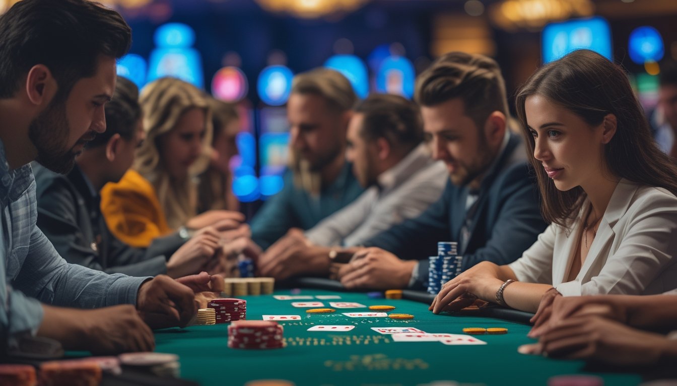 Sekelompok pemain sedang bermain kartu Casino War, Poker, dan Crazy Pineapple di meja kasino dengan chip dan kartu yang tertata rapi.