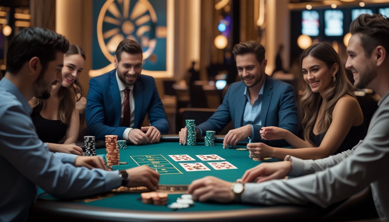 Beberapa pemain duduk di meja kartu kasino dengan kartu dan chip poker, bermain permainan kartu dalam suasana kasino yang terang dan elegan.
