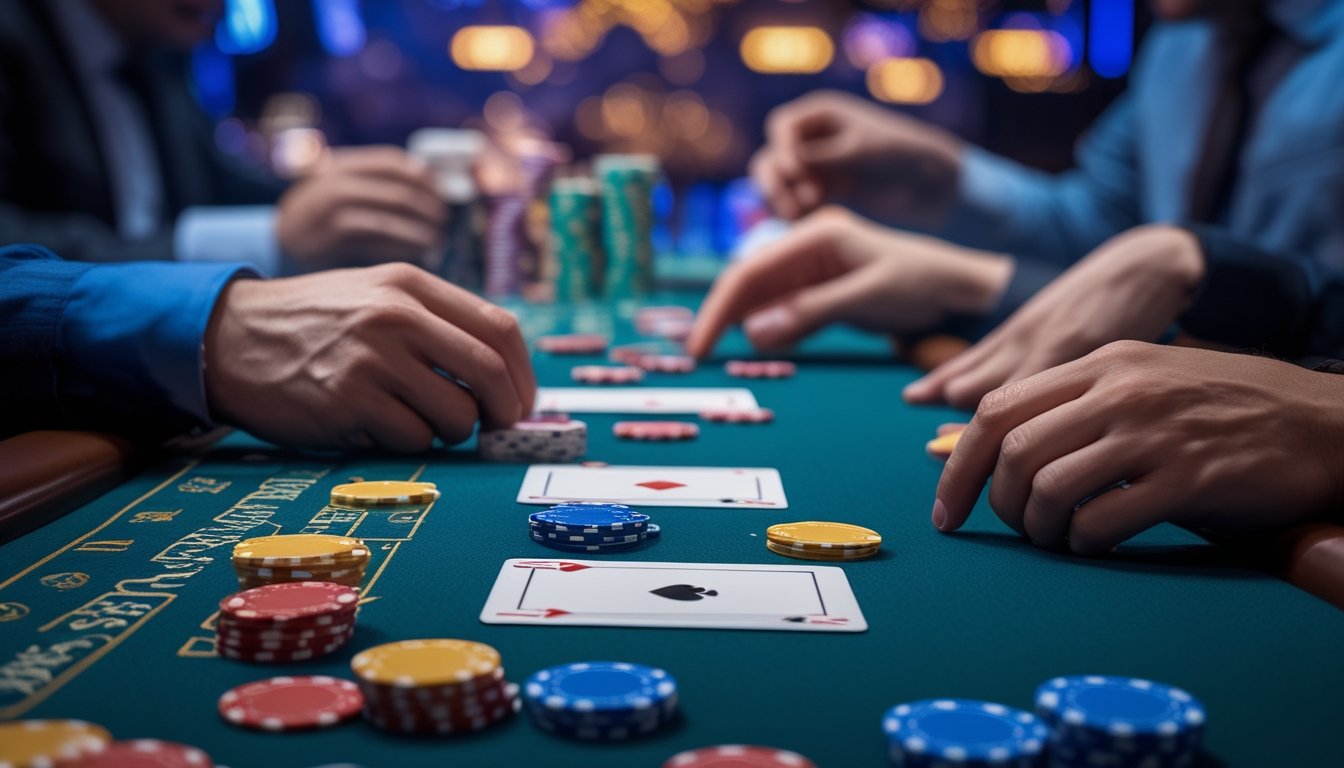Meja kasino dengan kartu remi dan chip poker, pemain sedang bermain Casino War Poker dan Crazy Pineapple.