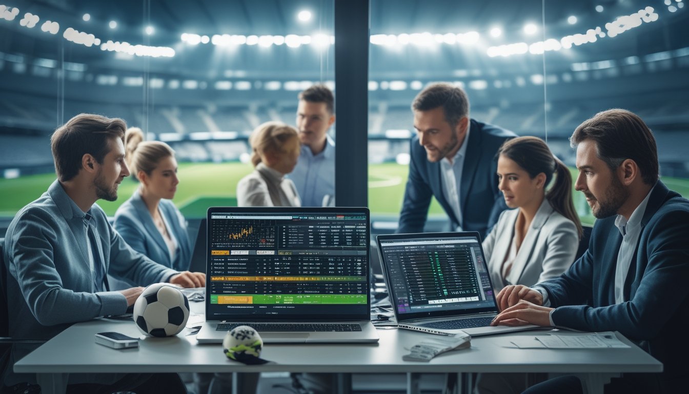 Orang-orang sedang menganalisis data sepak bola di depan layar digital dengan latar belakang stadion sepak bola yang terang.
