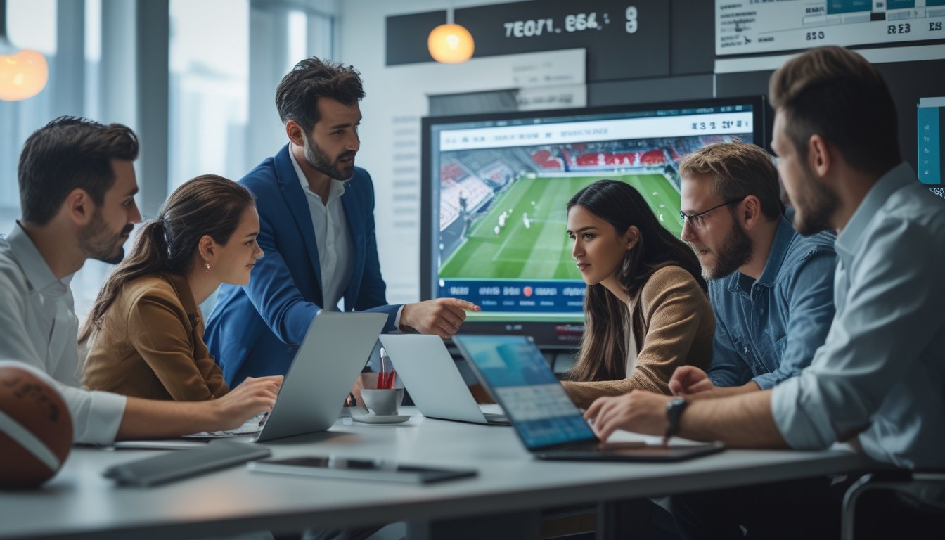 Sekelompok orang sedang berdiskusi di kantor modern dengan layar digital yang menampilkan pertandingan sepak bola dan peluang taruhan 1X2.