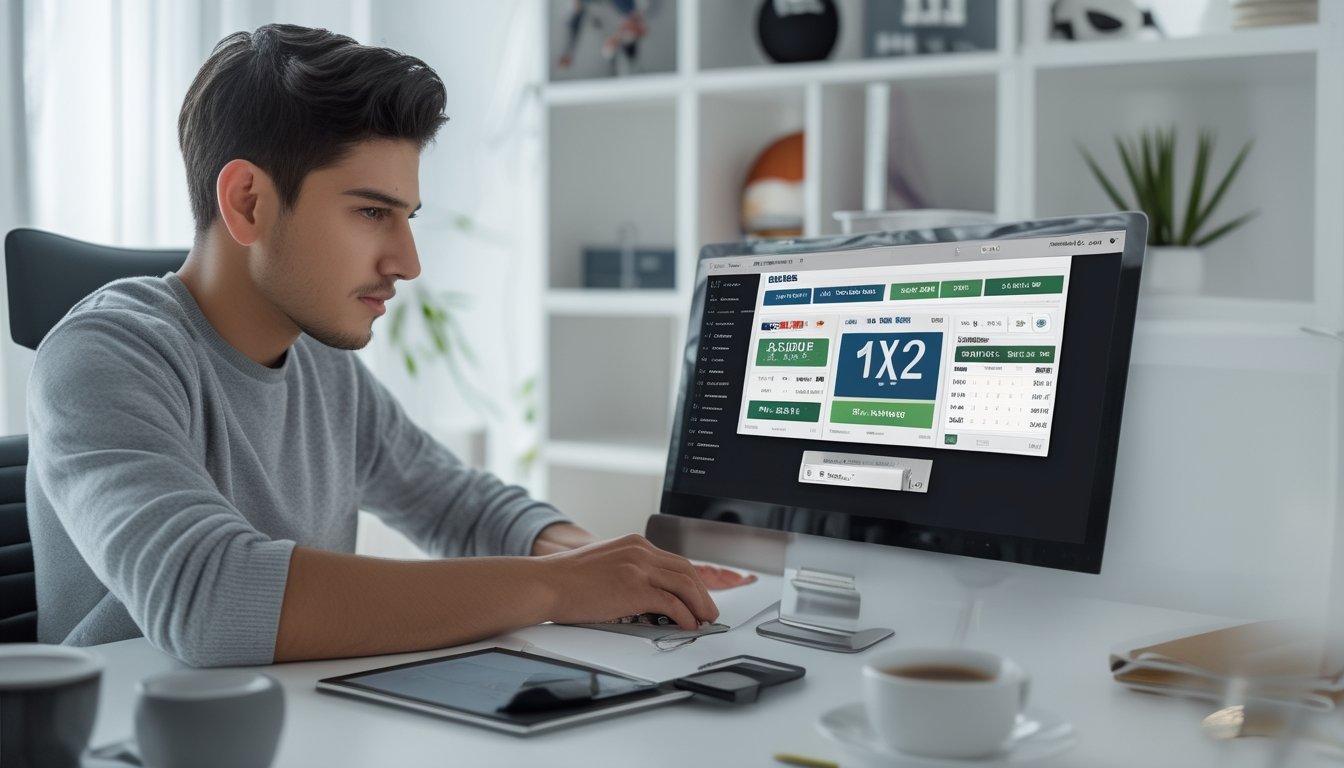 Seorang pria muda duduk di meja kerja dengan laptop, memeriksa situs taruhan olahraga dengan tampilan odds 1X2.
