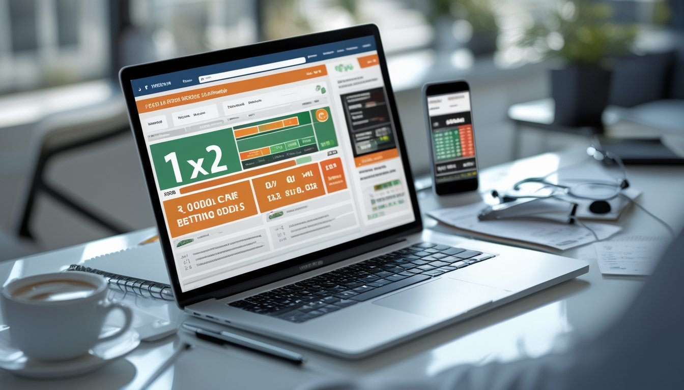 Seorang pemula sedang menggunakan laptop di meja kerja dengan tampilan odds 1X2 pada layar, dikelilingi oleh catatan dan ponsel.