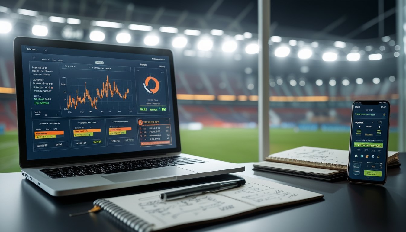 Seorang pria duduk di depan laptop dengan data statistik pertandingan sepak bola, di dekatnya ada catatan dan ponsel yang menampilkan informasi taruhan, dengan stadion sepak bola terlihat di latar belakang.
