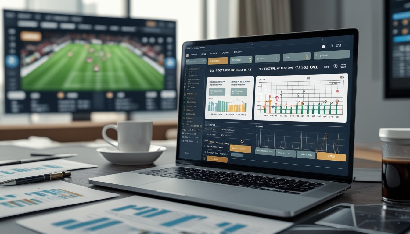 Sebuah ruang kerja modern dengan laptop yang menampilkan grafik statistik dan data pertandingan sepak bola, dikelilingi oleh kertas dan perangkat elektronik, dengan layar besar menampilkan pertandingan sepak bola di latar belakang.