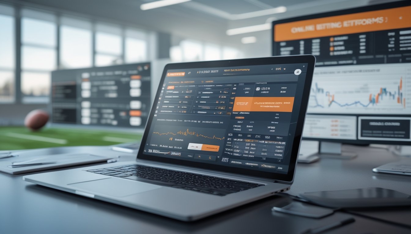 Meja kerja modern dengan laptop yang menampilkan data taruhan olahraga online dan grafik perbandingan platform taruhan.