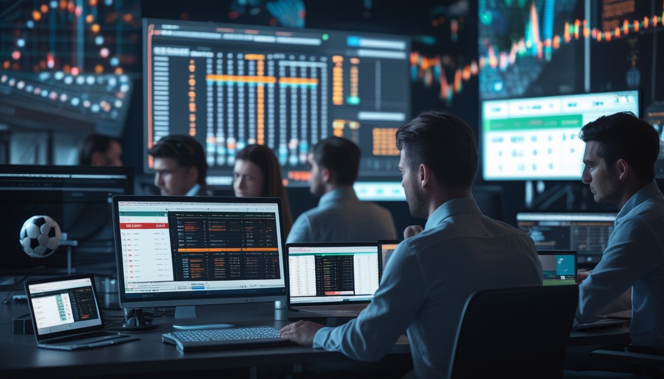 Orang-orang sedang bekerja dengan komputer dan perangkat digital yang menampilkan data taruhan olahraga online dan grafik perbandingan pasar taruhan 1X2.