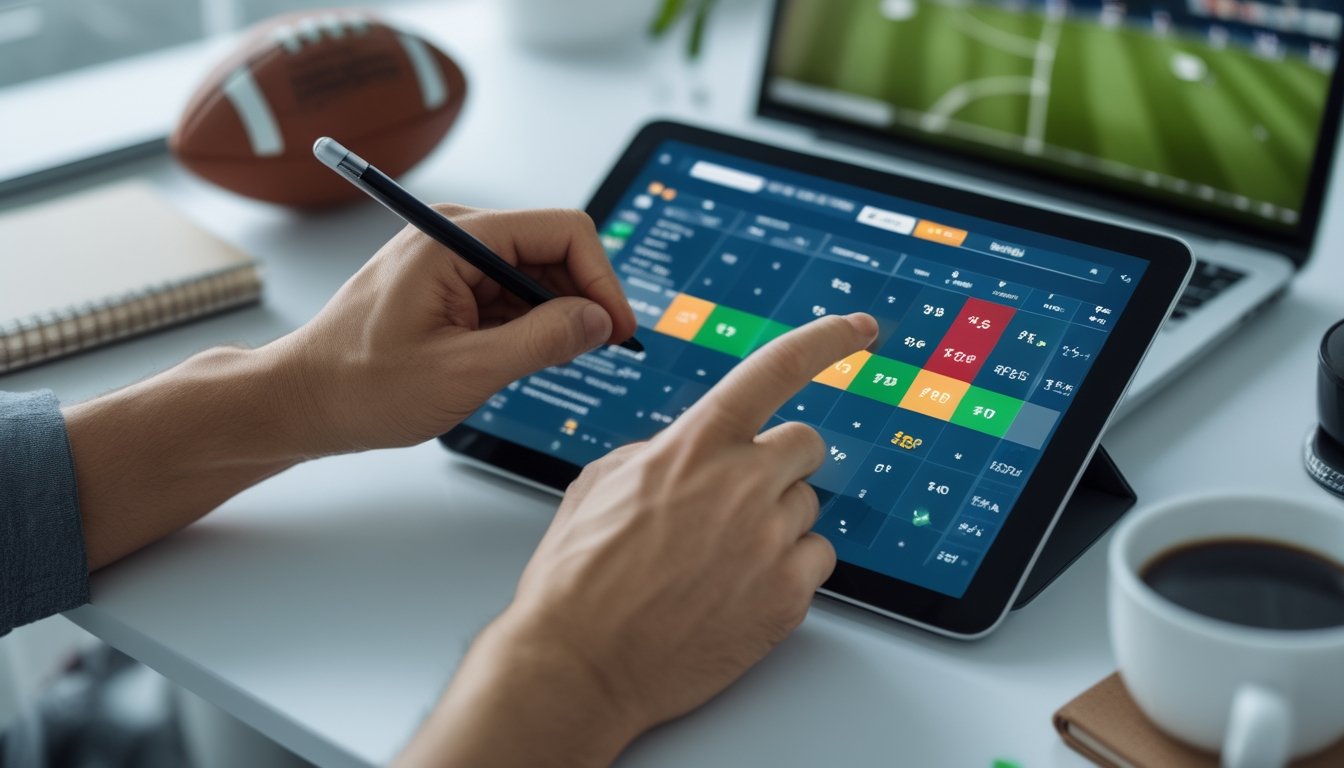 Tangan seseorang sedang melihat dan menganalisis peluang taruhan sepak bola pada layar tablet di meja kerja dengan laptop dan kopi.