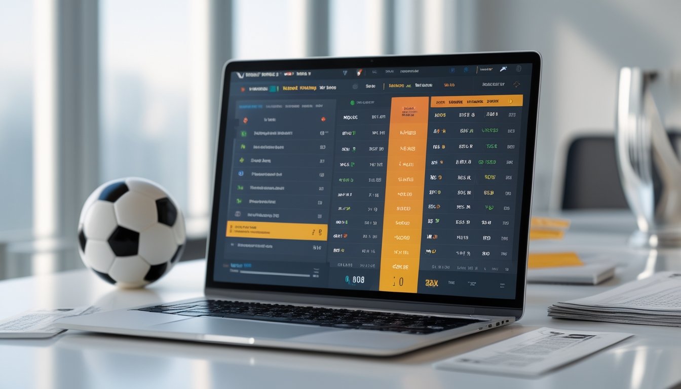 Sebuah laptop di meja dengan layar menampilkan antarmuka taruhan olahraga yang menunjukkan perbandingan antara pasar 1X2 dan Handicap Asia, dengan bola sepak dan slip taruhan di sekitar meja.