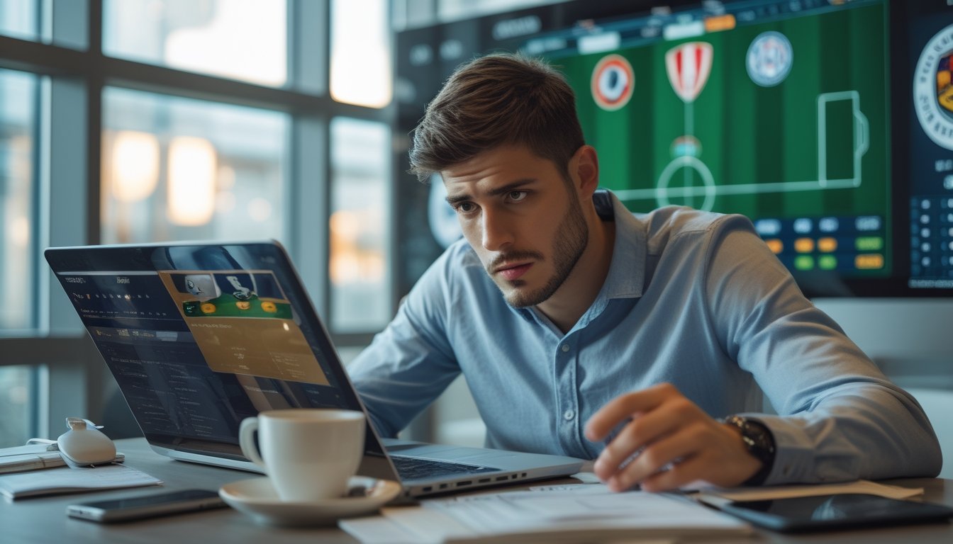 Seorang pria muda fokus menganalisis statistik pertandingan sepak bola di laptop di sebuah kantor modern.