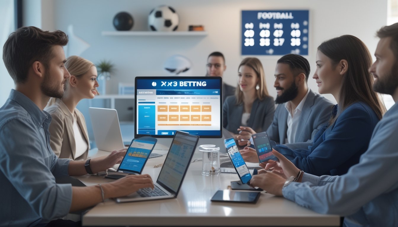 Orang-orang menggunakan perangkat digital untuk bertaruh sepak bola secara online dalam suasana yang aman dan profesional.