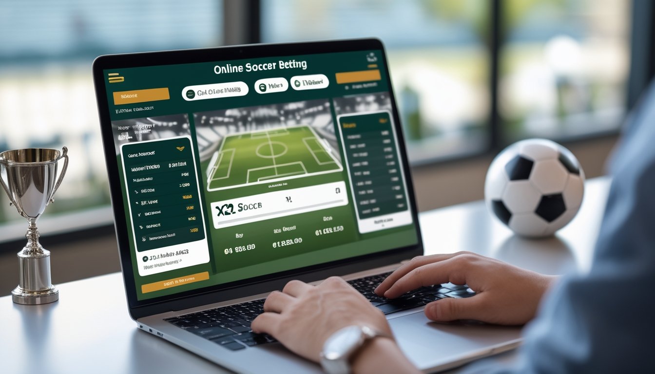 Seseorang menggunakan laptop dengan tampilan platform taruhan sepak bola online dan bola sepak di meja.