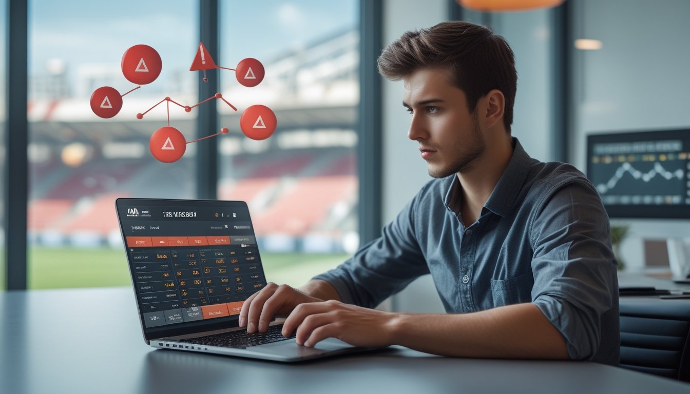 Seorang pria muda duduk di meja dengan laptop, fokus melihat data taruhan sepak bola dengan latar belakang stadion sepak bola.