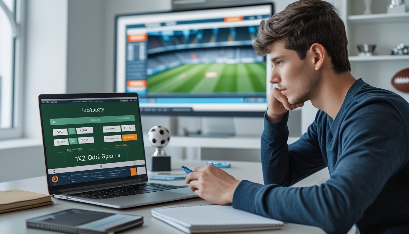 Seorang pria muda duduk di meja dengan laptop dan monitor menampilkan pertandingan sepak bola, tampak fokus menganalisis data taruhan sepak bola 1X2.