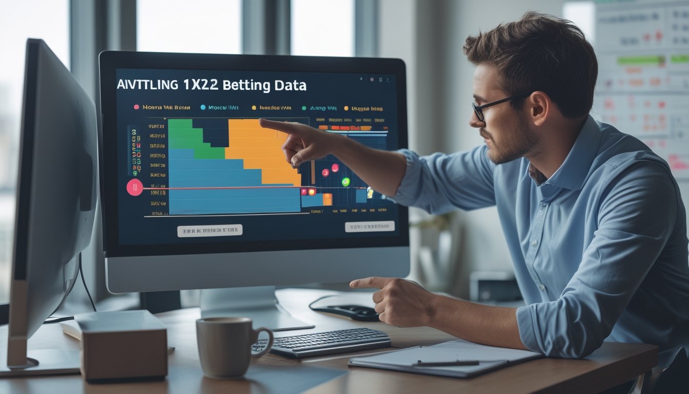 Seorang analis bisnis sedang melihat layar komputer dengan grafik dan data taruhan olahraga di kantor modern.