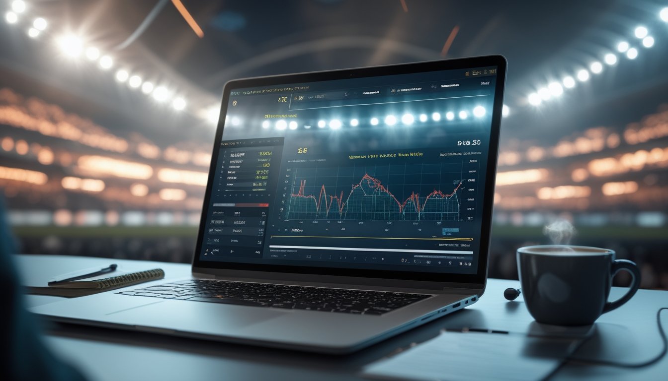 Meja kerja dengan laptop yang menampilkan grafik analisis hasil pertandingan sepak bola, dikelilingi oleh buku catatan dan kopi, dengan latar belakang stadion sepak bola yang ramai.