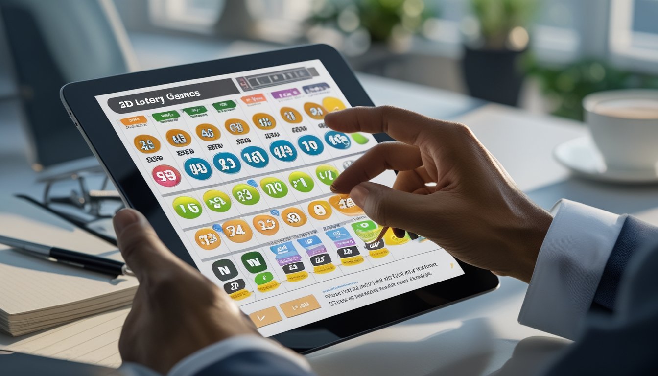 Tangan seseorang sedang menggunakan tablet yang menampilkan angka dan grafik lotere 2D di atas meja kerja dengan alat tulis dan kopi.