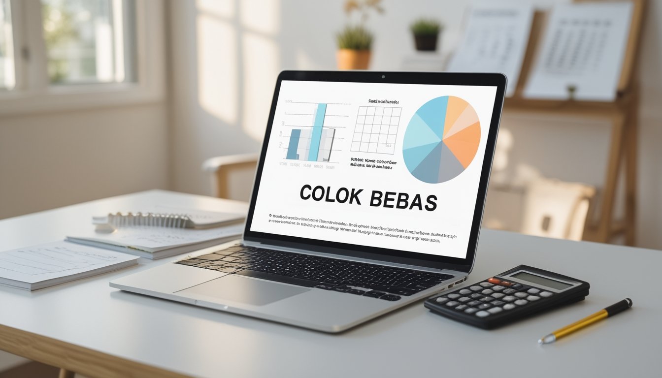 Meja kerja dengan laptop yang menampilkan grafik dan angka, disertai catatan, pena, dan kalkulator.
