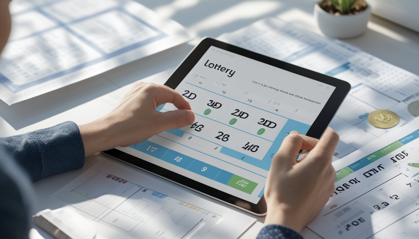 Tangan seseorang sedang memegang tiket togel dan menggunakan tablet dengan latar belakang meja kerja yang rapi dan elemen angka serta grafik.