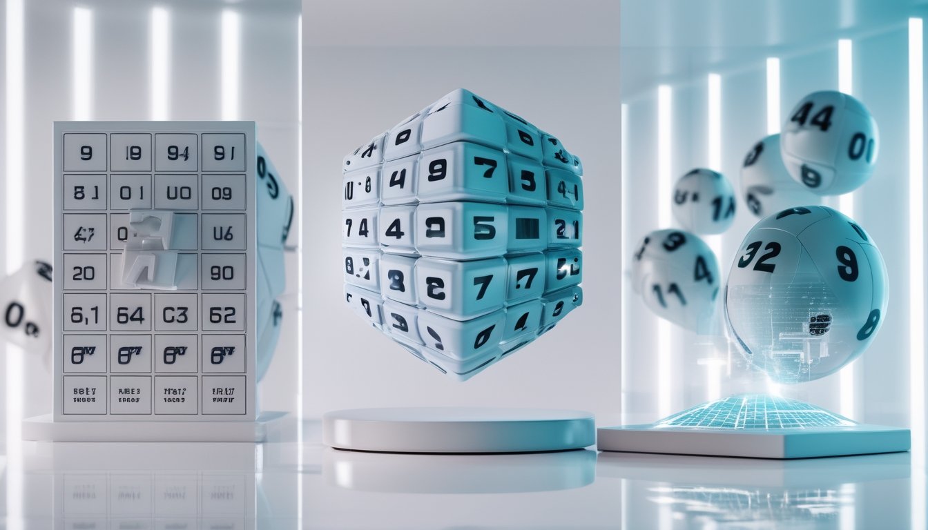 Gambaran tiga konsep togel 2D, 3D, dan 4D dengan grid angka datar, bola angka tiga dimensi, dan antarmuka digital holografik.