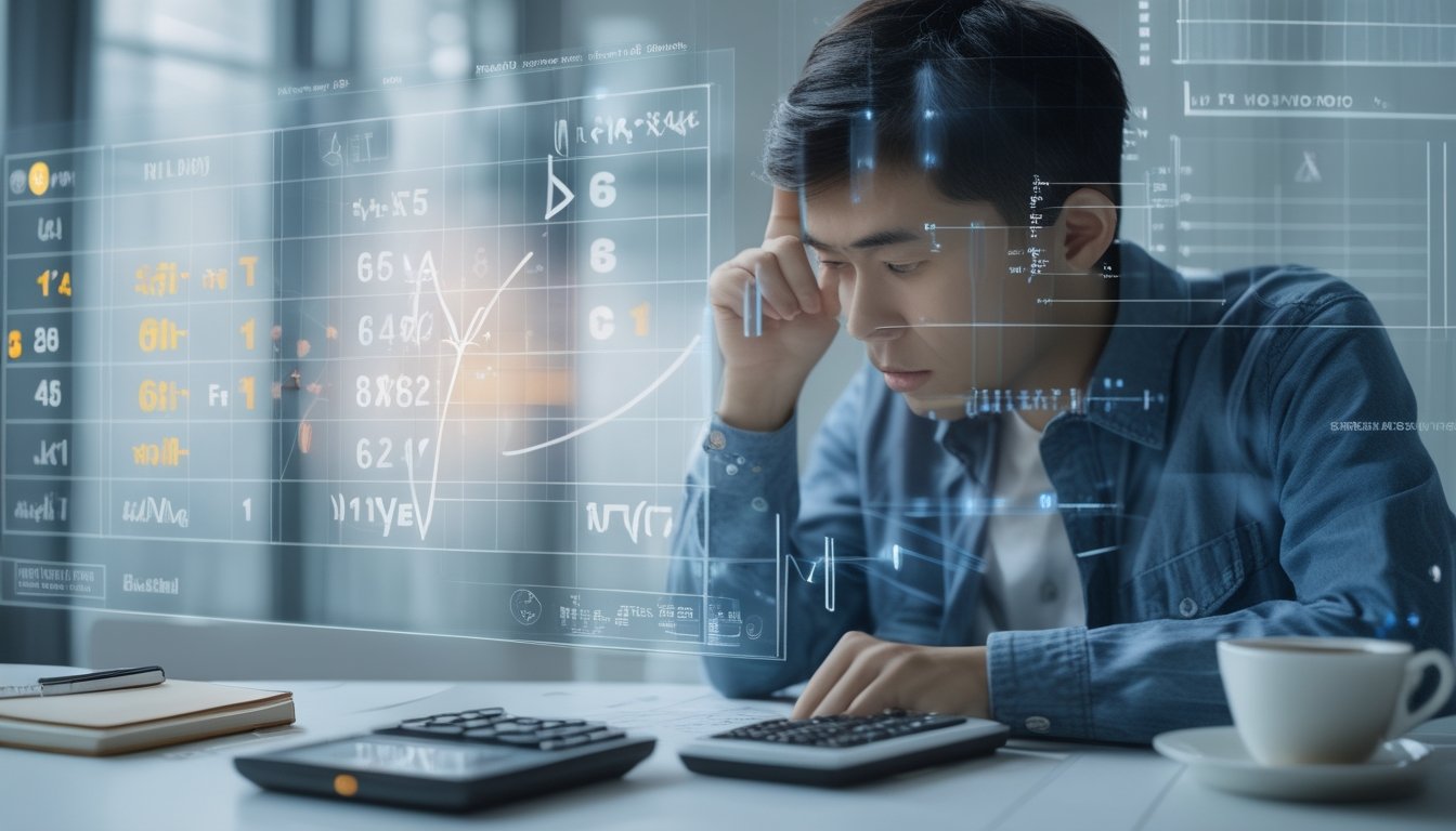 Seorang pria sedang menganalisis rumus matematika dan grafik peluang di layar digital di sebuah ruangan kantor yang rapi.
