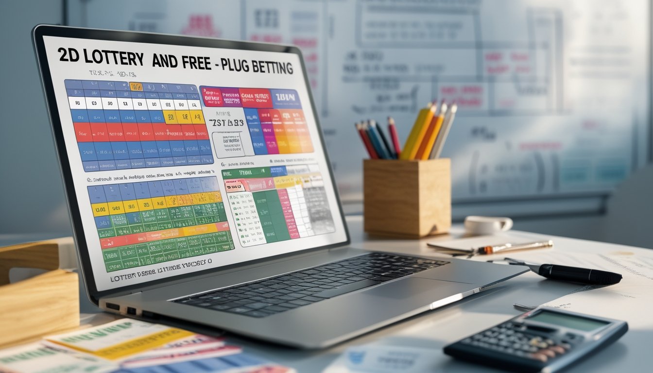 Meja kerja dengan laptop menampilkan grafik dan angka, tiket lotere, pena, dan kalkulator, dengan latar belakang papan tulis kaca berisi rumus dan strategi taruhan.