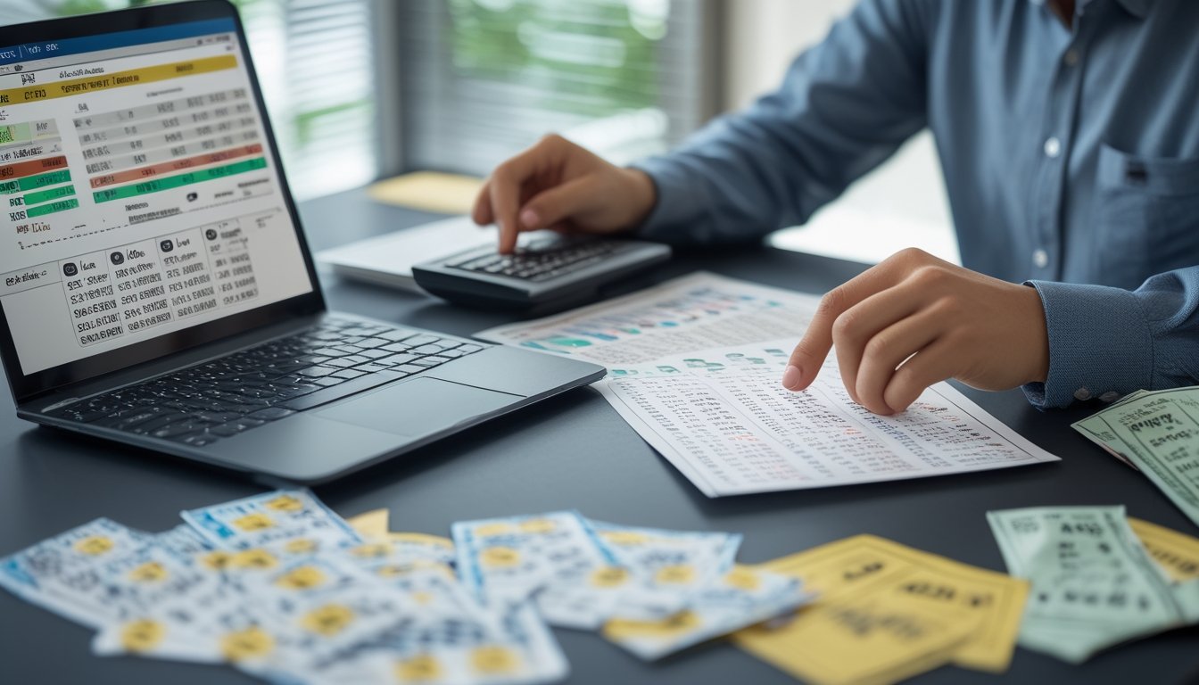 Seseorang sedang menganalisis tiket lotre dan grafik angka di meja kerja dengan alat tulis dan laptop.