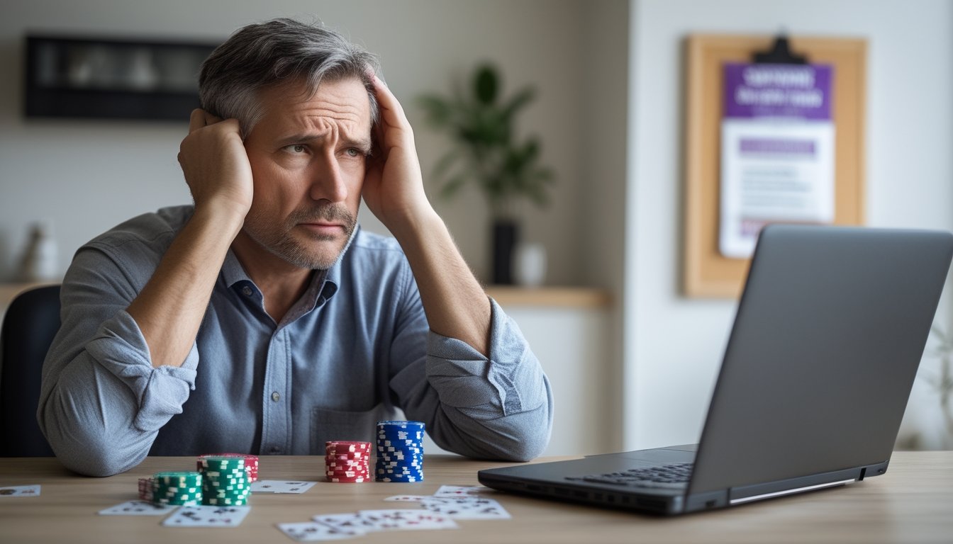 Seorang pria paruh baya duduk di meja dengan kartu remi dan chip poker, terlihat khawatir sambil menatap layar laptop di ruang kerja rumah.