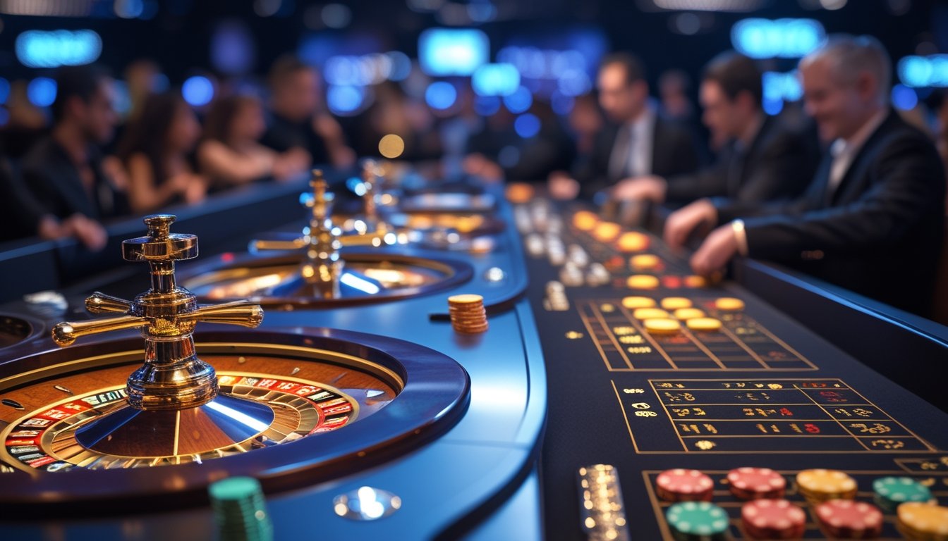 Dua meja roulette di kasino dengan roda roulette berputar dan tumpukan chip, suasana ramai dengan pemain fokus pada permainan.