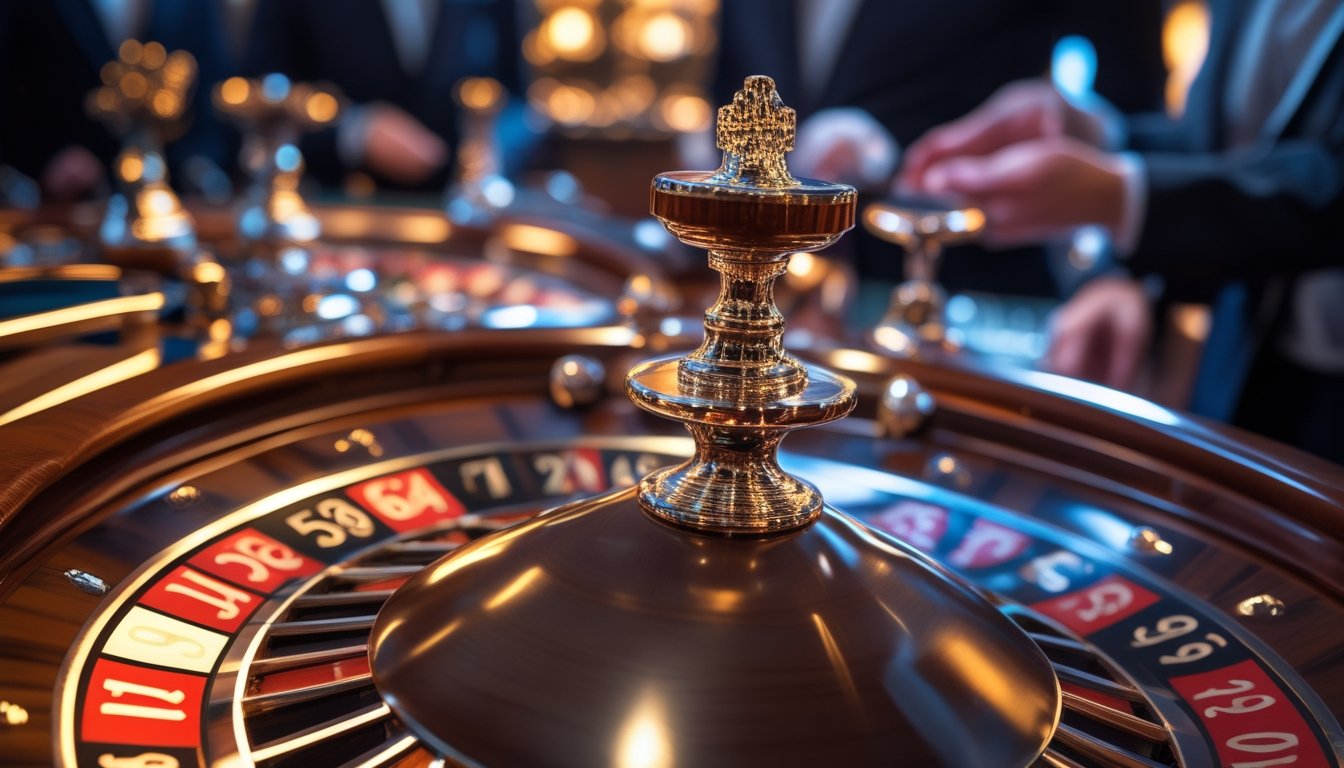 Meja roulette di kasino dengan roda roulette dan pemain yang sedang memasang taruhan.