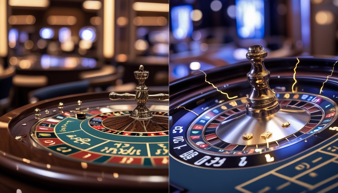 Dua meja roulette di kasino, satu dengan roda kayu klasik dan satu dengan roda modern berlampu, menunjukkan perbandingan antara French Roulette dan Lightning Roulette.