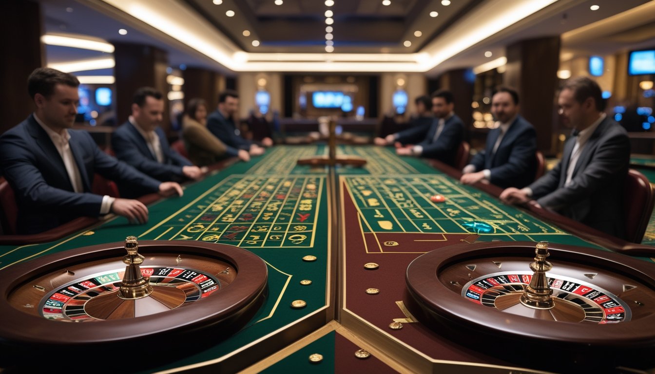 Dua meja roulette di kasino yang mewah dengan pemain yang sedang bermain, satu meja menunjukkan roulette tradisional dan satu meja menampilkan roulette modern dengan elemen petir.