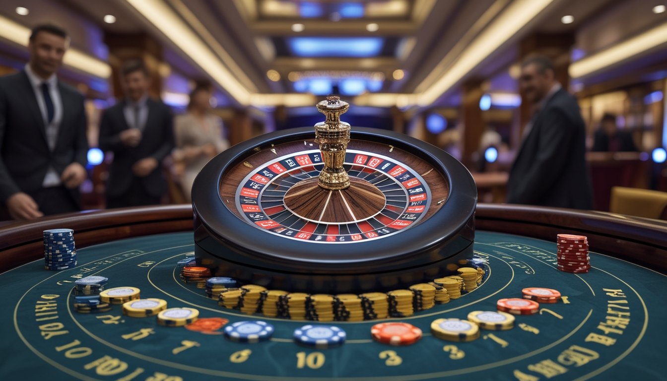 Meja roulette Prancis dan Lightning Roulette di kasino mewah dengan roda roulette berwarna cerah dan chip taruhan, dikelilingi oleh pemain berpakaian rapi.