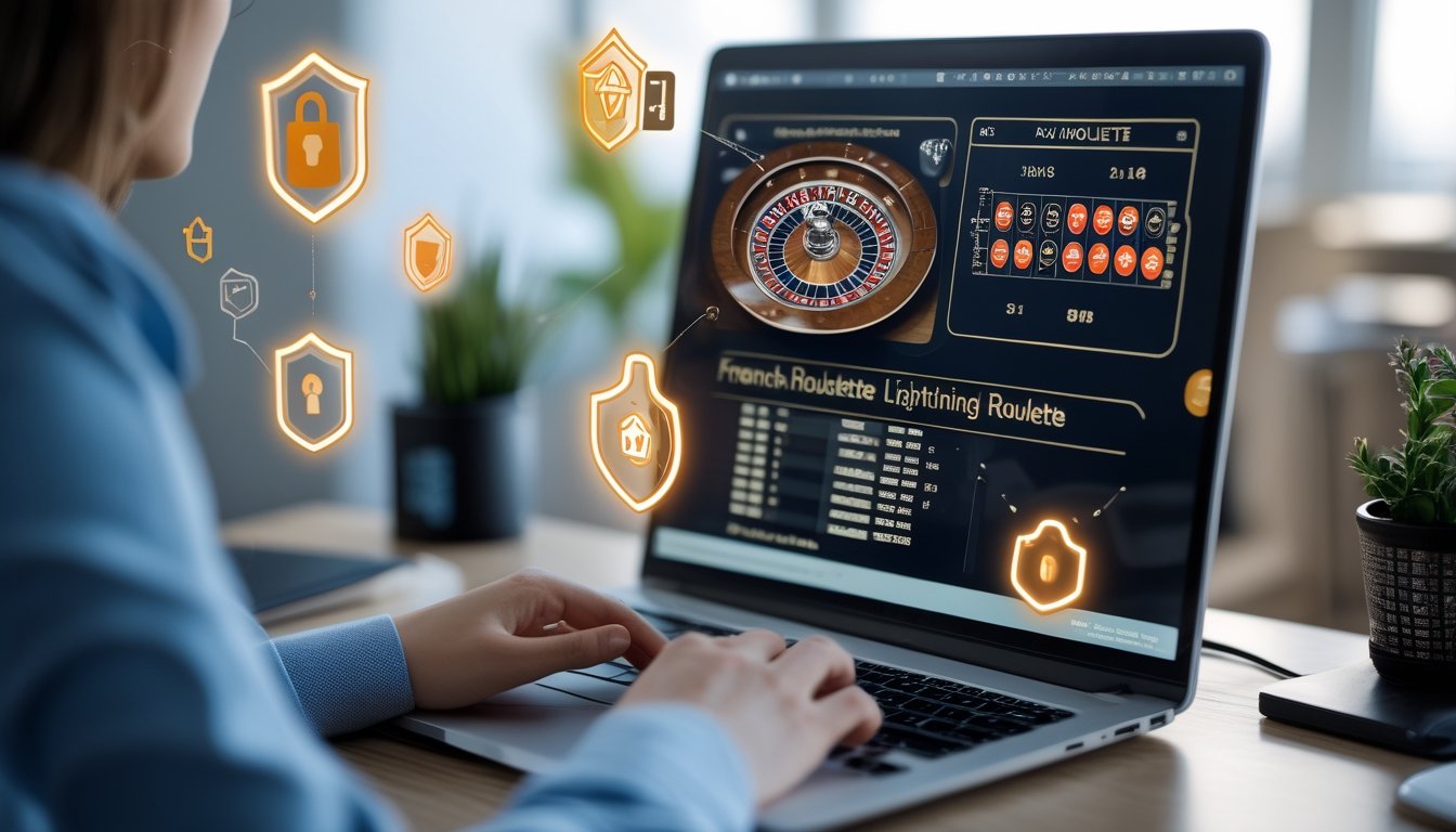 Tampilan layar komputer dengan permainan roulette online dan simbol keamanan seperti gembok dan perisai di sekitarnya.
