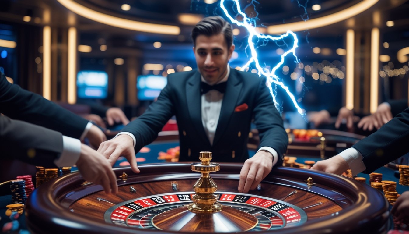 Seorang dealer profesional sedang memutar roda roulette di meja kasino dengan pemain yang memasang taruhan.