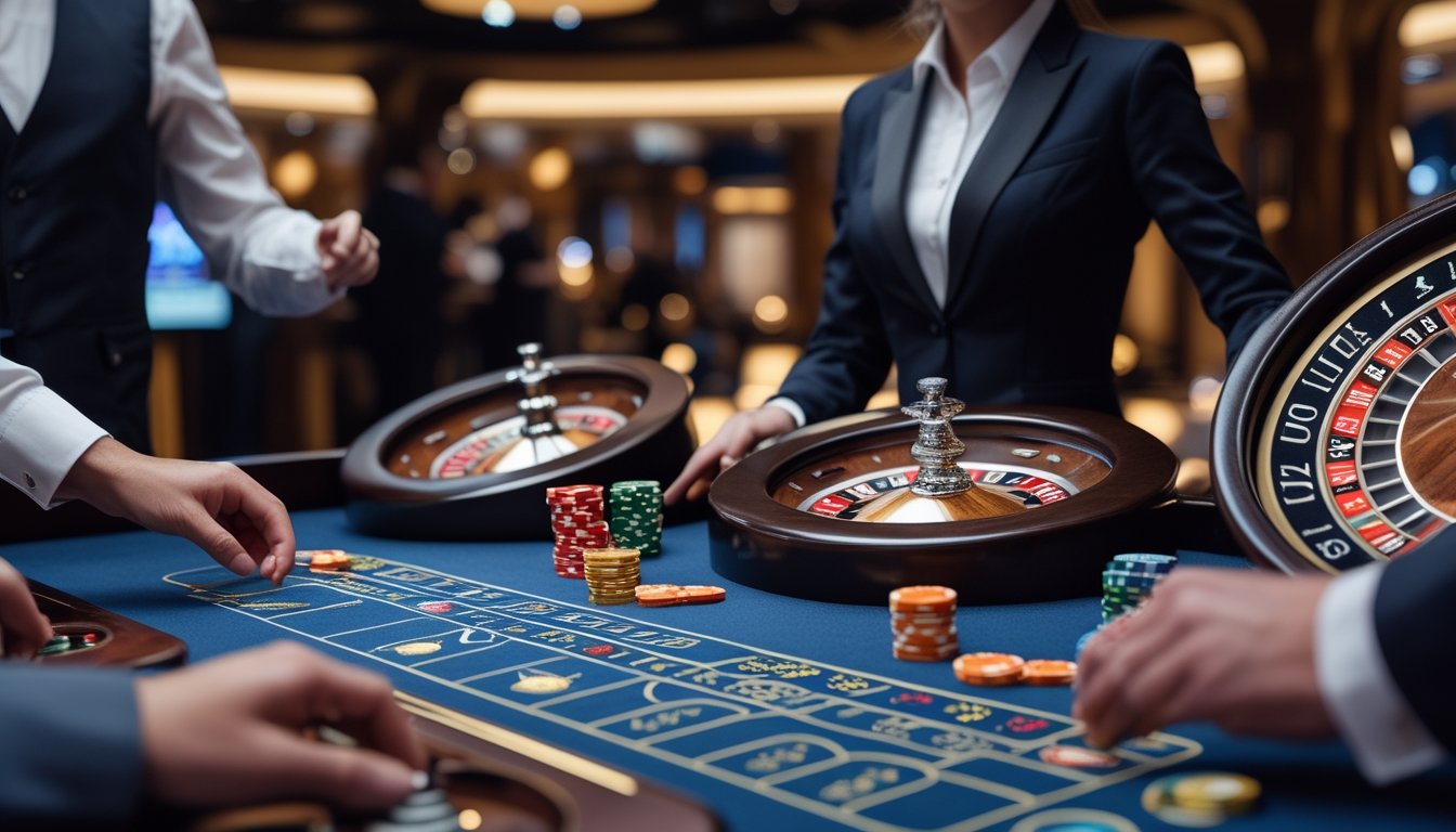 Seorang dealer wanita berdiri di belakang meja roulette dengan dua roda roulette, dikelilingi oleh suasana kasino yang elegan dan pemain yang memasang taruhan.