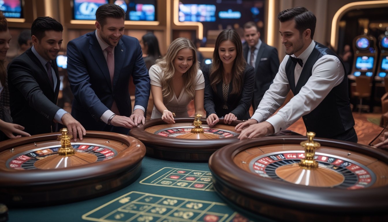 Suasana di meja roulette di kasino dengan pemain dan dealer yang sedang berinteraksi di sekitar roda roulette.