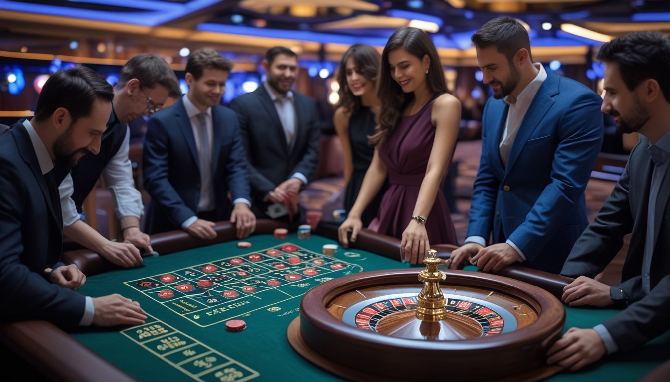 Orang-orang bermain roulette di meja kasino dengan suasana yang ramai dan cerah.