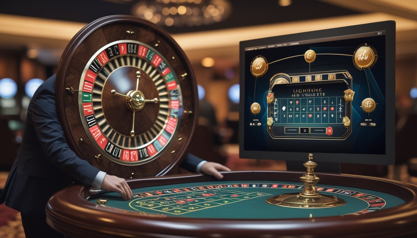 Meja roulette dengan dealer profesional dan roda roulette yang berputar di kasino mewah.