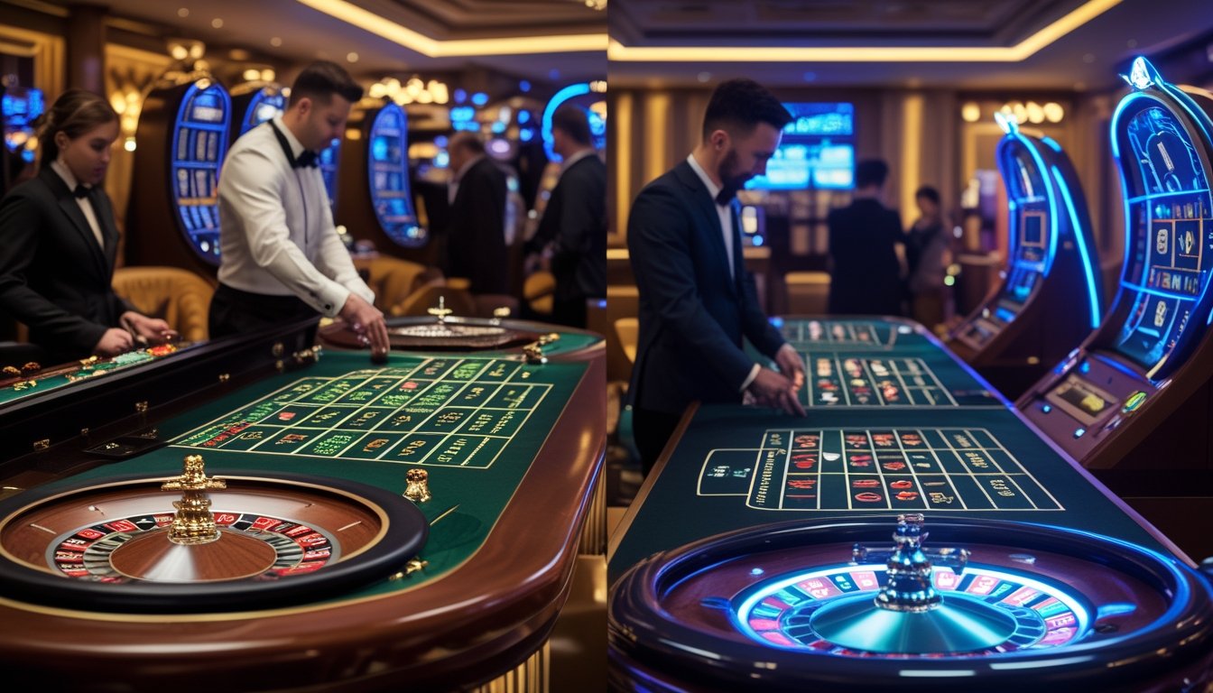 Dua meja roulette di kasino dengan pemain dan dealer, satu meja bergaya klasik dan satu meja dengan lampu terang dan efek listrik.